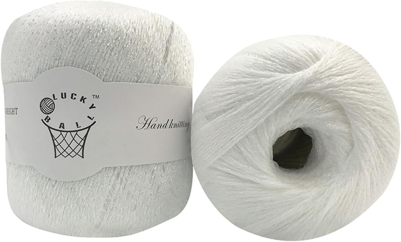 80g Sparkle Silver Lurex Thread Shining Yarn, Metallic Crochet Thread Yarn for Crocheting, Sparkle Metallic for Knitting Clothes, Car Charm, Keychain Charm(White)